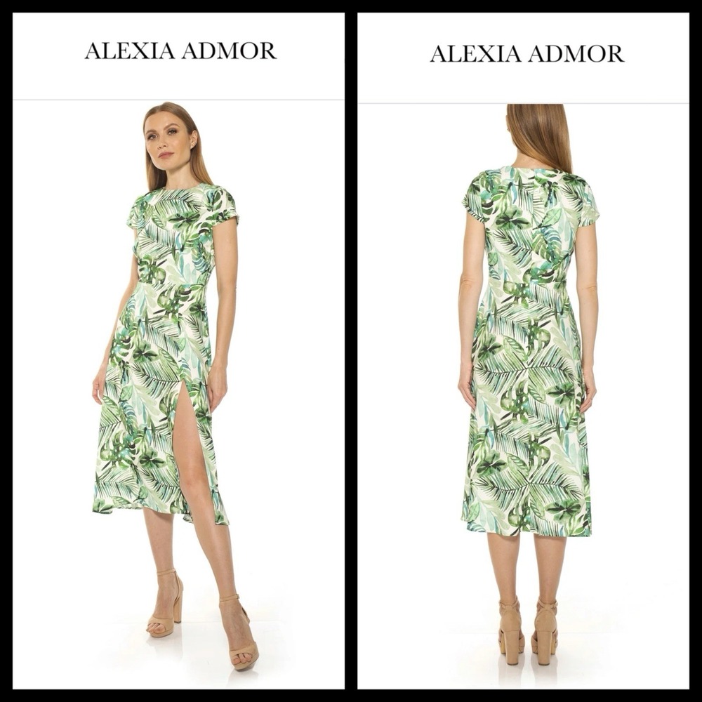 ALEXIA ADMOR‎ LILY MIDI DRESS Size 8 Tropical Fit Flare High Side Slit Vacay EUC